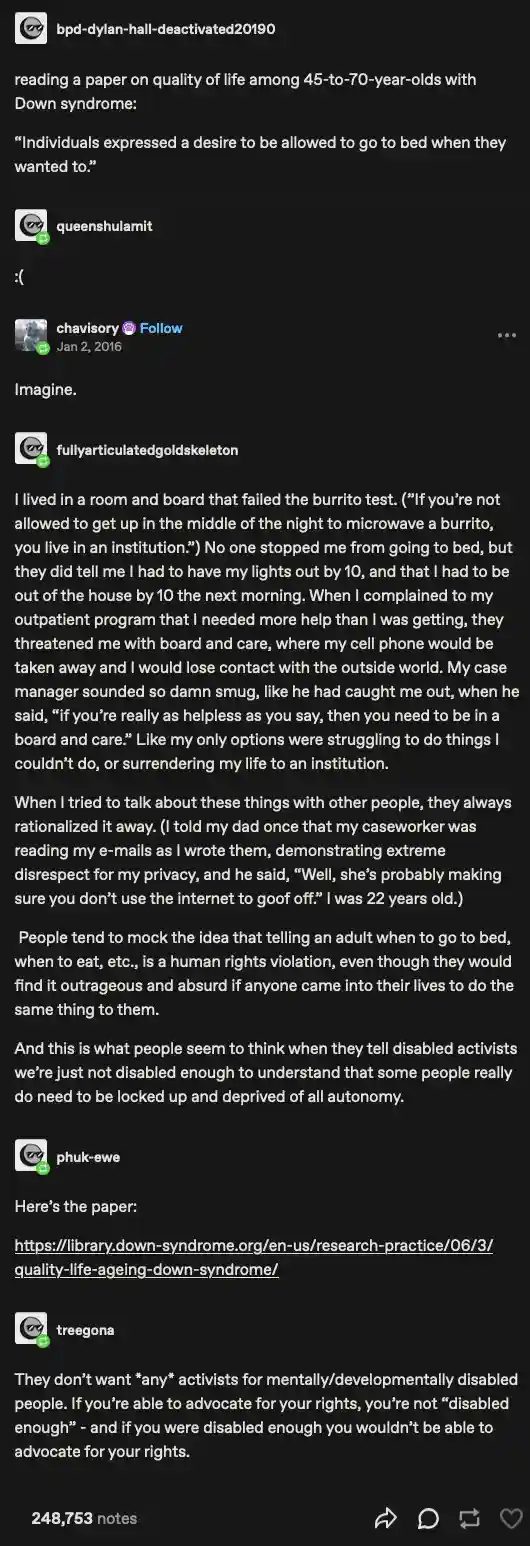 A screenshot of a Tumblr thread where a user shares a quote from a research paper about quality of life for older adults…