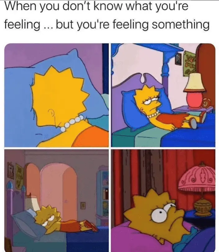 A four-panel comic strip featuring Lisa Simpson in her bedroom, showing her transitioning from sleeping to waking up with a…