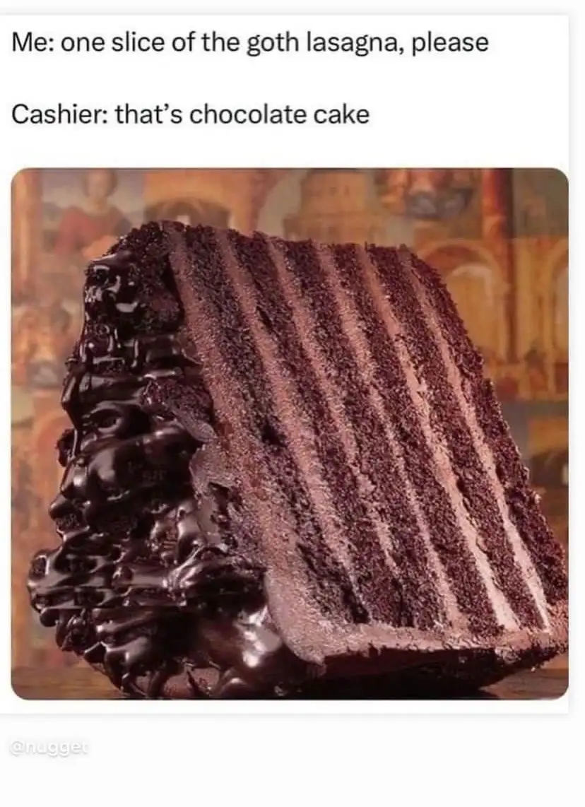 A close-up photo of a thick slice of chocolate cake with multiple dark layers and glossy chocolate frosting dripping down…