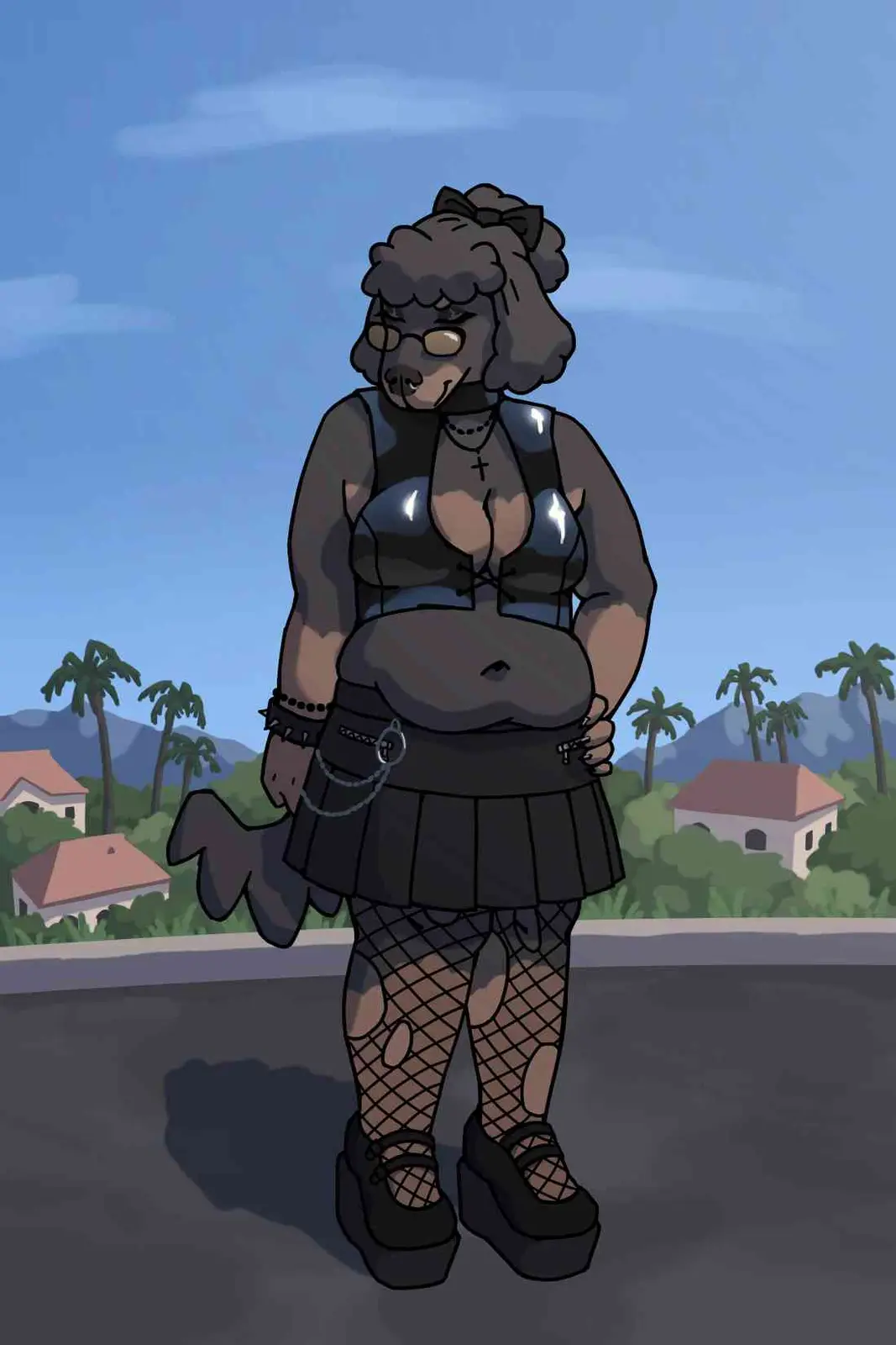 An anthropomorphic poodle with curly black fur, glasses, and a bow stands confidently in a black goth outfit with a pleated…