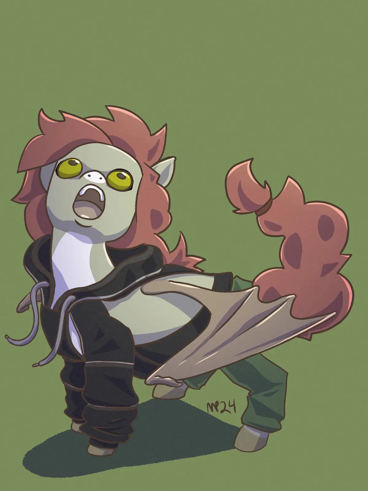 A cartoonish, green-skinned, zombie-like character with spiky reddish-brown hair and wide yellow eyes is shown in a tired…