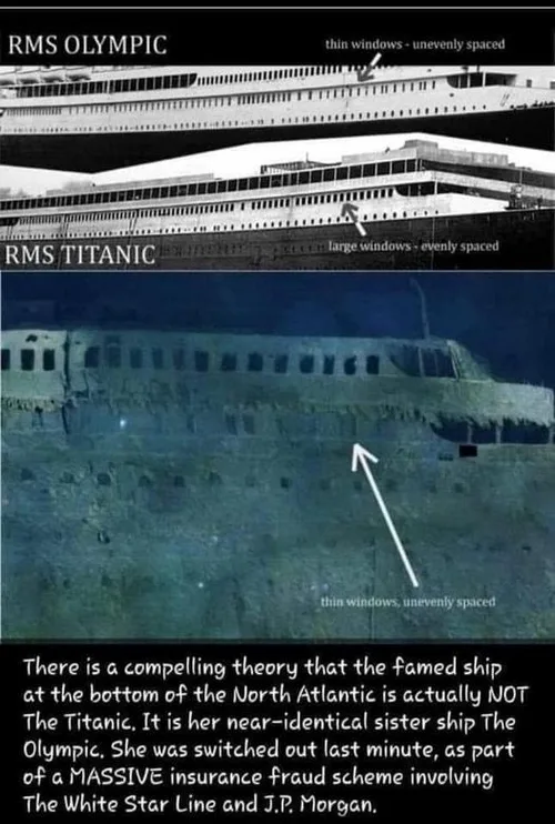 The image compares the RMS Olympic and RMS Titanic, highlighting that the Olympic has thin, unevenly spaced windows while…