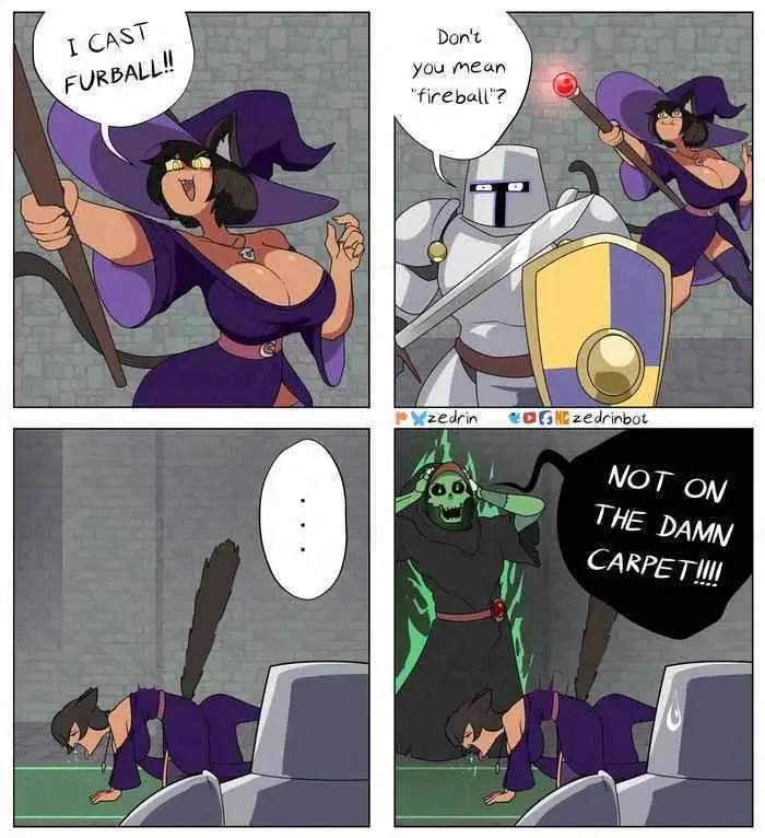 A four-panel comic strip featuring a purple-clad cat witch who casts a spell called 'Furball' instead of 'Fireball'…