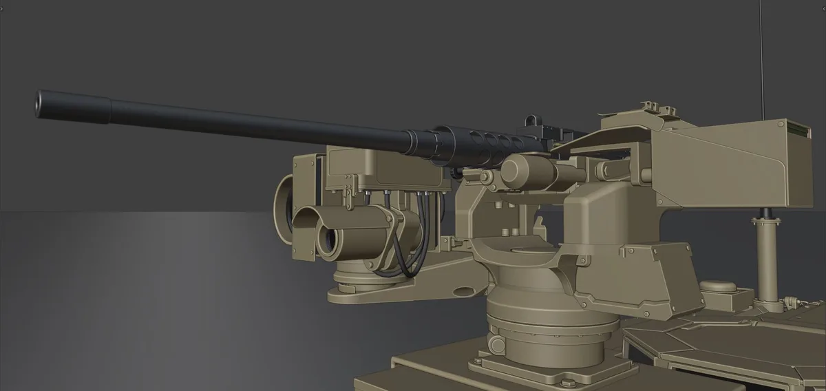 A 3D-rendered military-style autocannon with a long barrel and complex mounting hardware, shown against a plain gray…