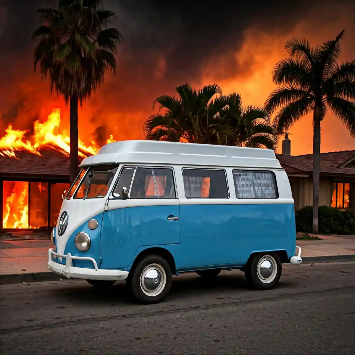 A classic blue and white Volkswagen Type 2 van is parked on a street in front of a house engulfed in flames, with palm trees…