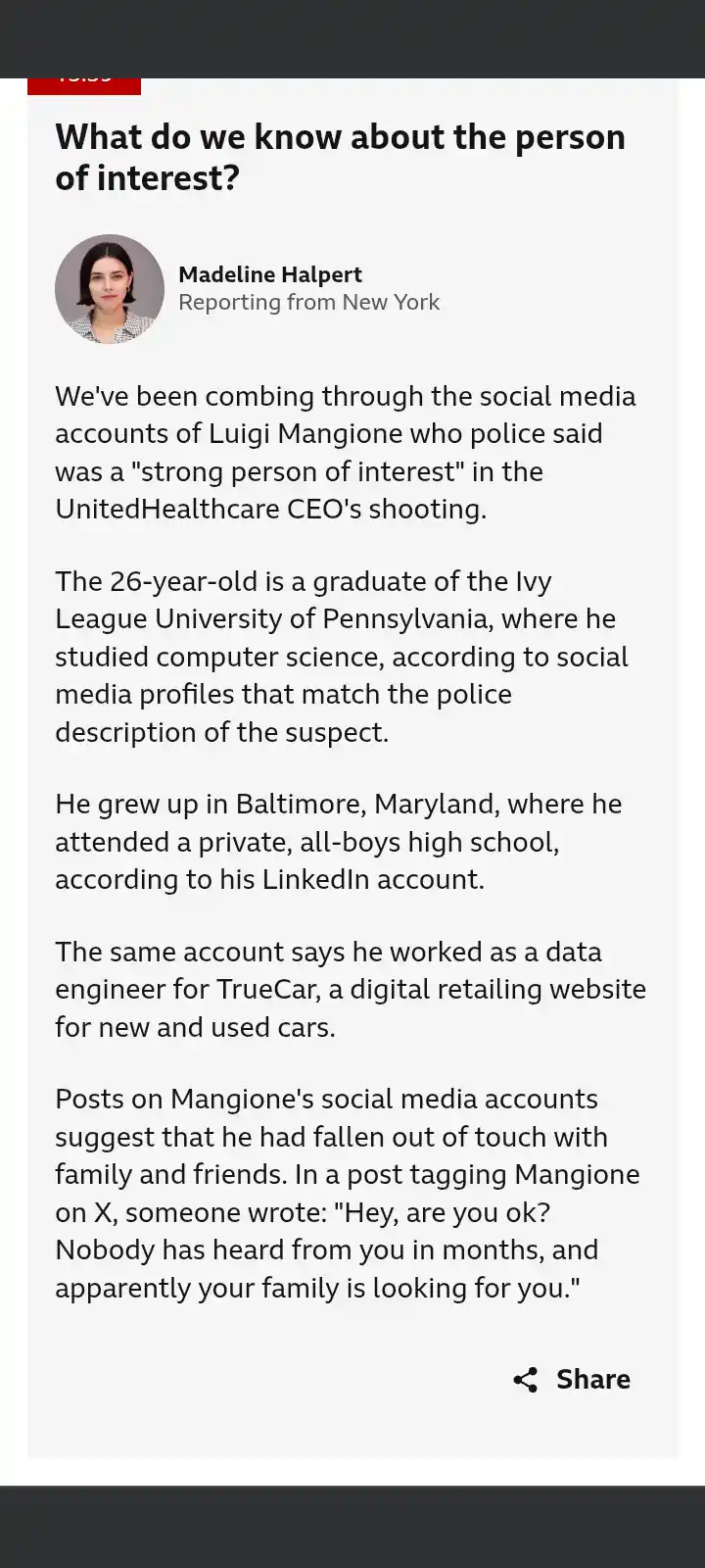 A screenshot of a news article titled 'What do we know about the person of interest?' by Madeline Halpert, detailing the…