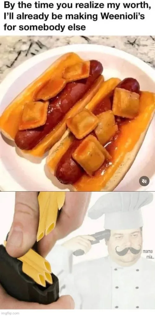 The top panel shows two hot dogs in buns topped with orange cheese sauce and square pasta pieces, resembling Weeniolis. The…