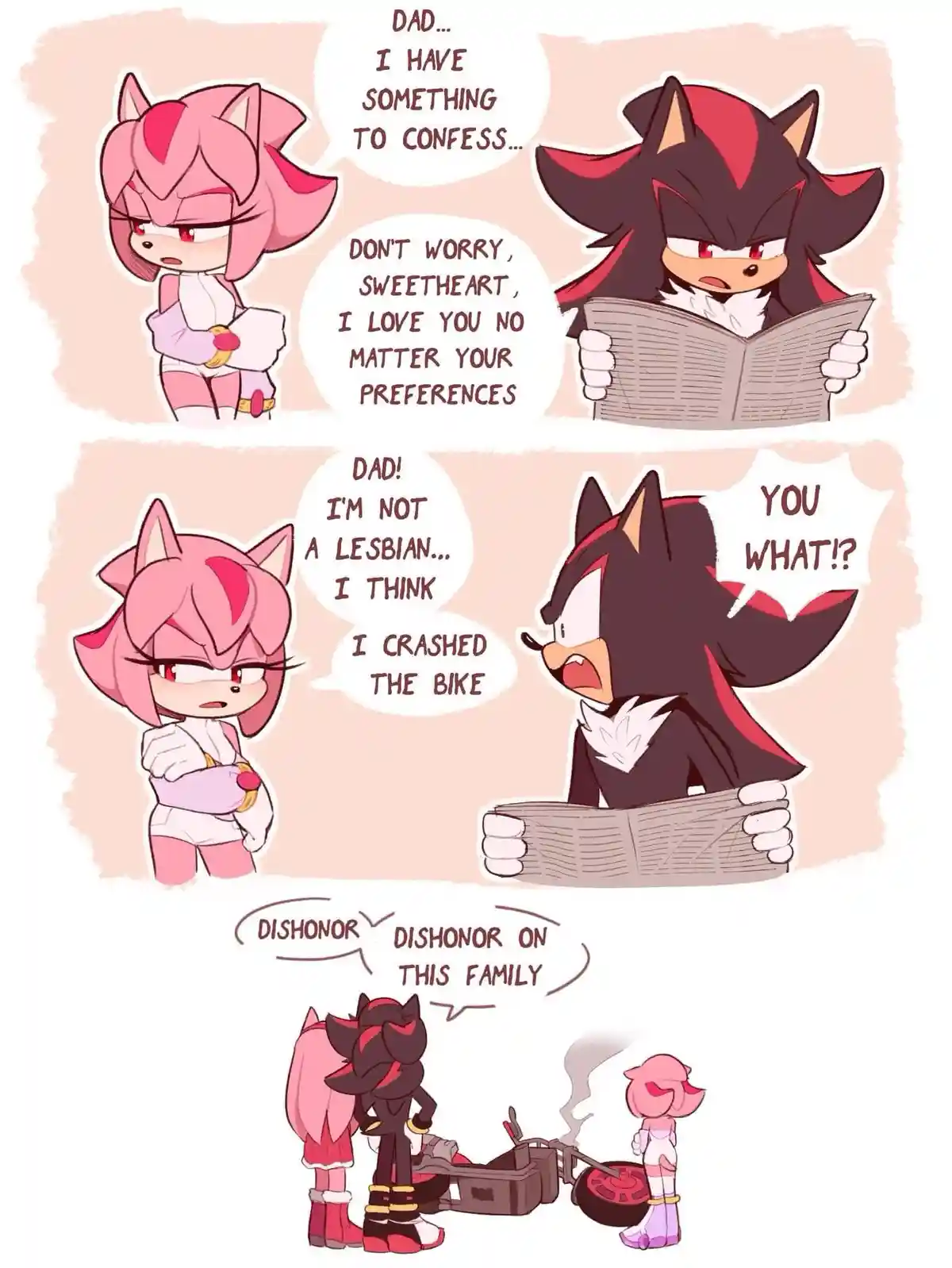 A four-panel comic strip featuring two anthropomorphic characters: a pink hedgehog daughter and a black hedgehog father. In…