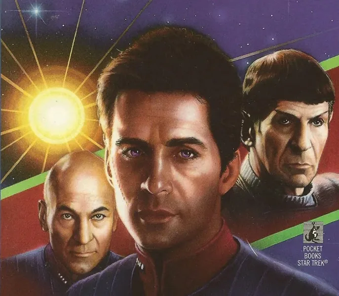 A promotional illustration for Star Trek features three main characters: Captain Picard in the center, Spock to his right…