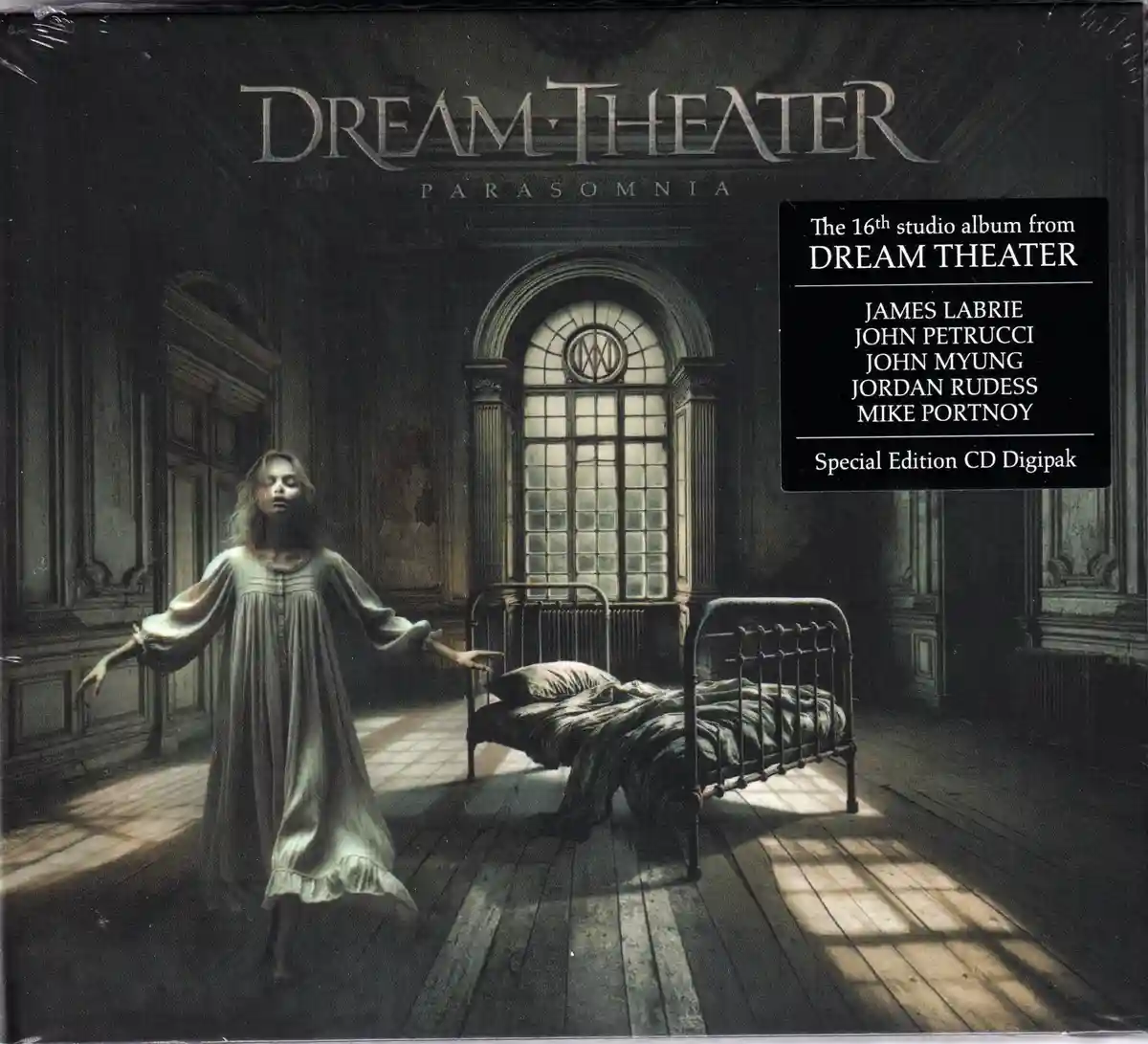 The image is the album cover for Dream Theater's 'Parasomnia,' showing a pale woman in a nightgown standing in a dimly lit…