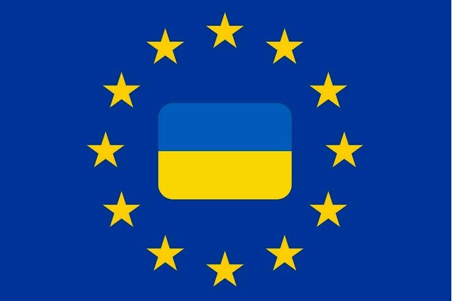 The image displays the European Union flag, featuring a blue field with a circle of twelve yellow stars, with the Ukrainian…