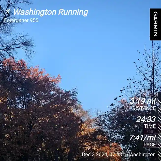 A screenshot from a Garmin Forerunner 955 fitness tracker shows a running session in Washington on December 3, 2024, at 7:48…
