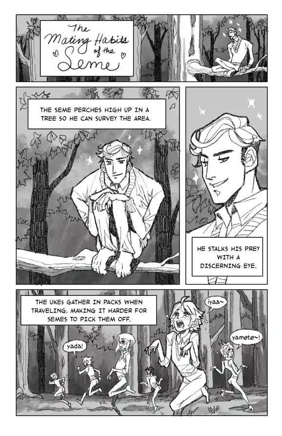 A black-and-white comic strip titled 'The Mating Habits of the Seme' depicts a seme character perched in a tree, surveying…