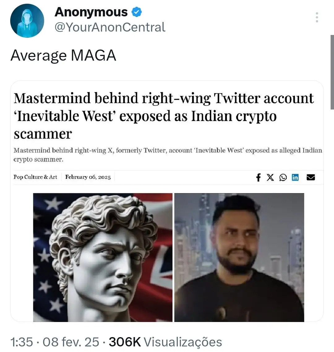 A screenshot of a Twitter post from @YourAnonCentral titled 'Average MAGA' shows a news article with the headline…