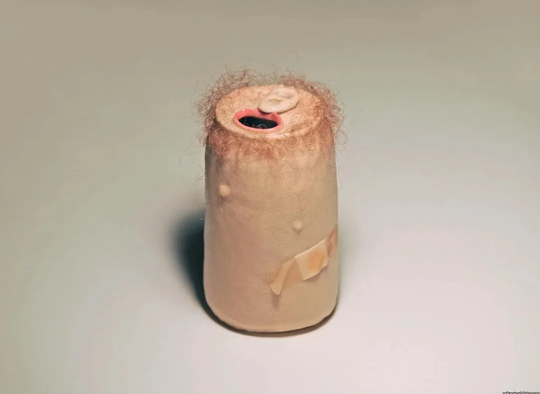 A beige, cylindrical can with a pink pull-tab lid, covered in reddish-brown hair, has a bandage wrapped around its…