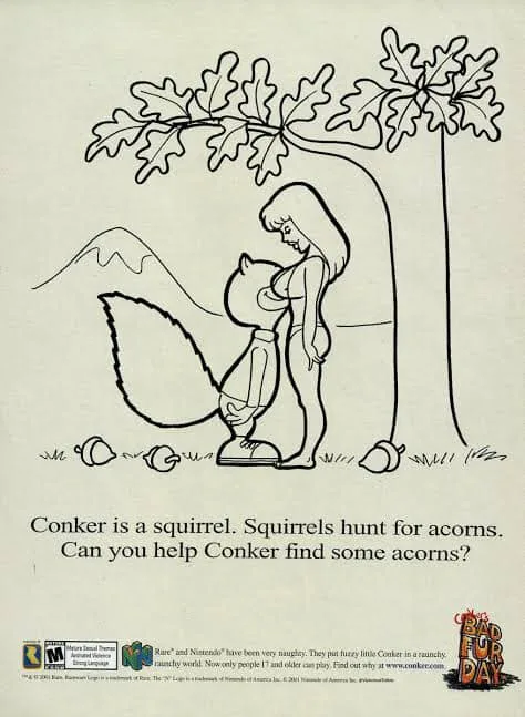 A black-and-white line drawing shows a human woman hugging a large, anthropomorphic squirrel named Conker under an oak tree…