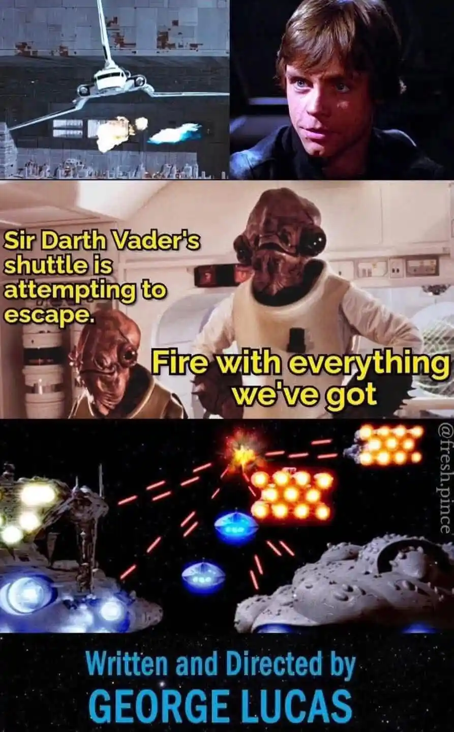 A three-panel Star Wars meme showing a shuttle exploding, Luke Skywalker looking concerned, two alien pilots ordering to…