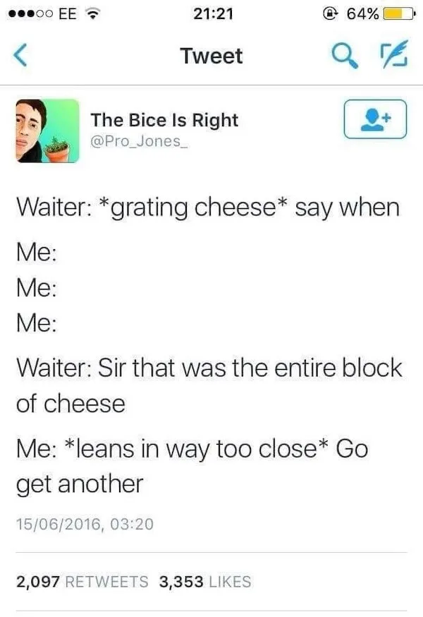 A screenshot of a tweet from 'The Bice Is Right' (@Pro_Jones_) showing a humorous exchange where a waiter grates cheese and…