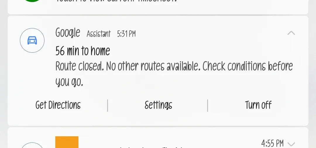 A screenshot of a Google Assistant notification on a smartphone showing a 56-minute drive home with the message 'Route…