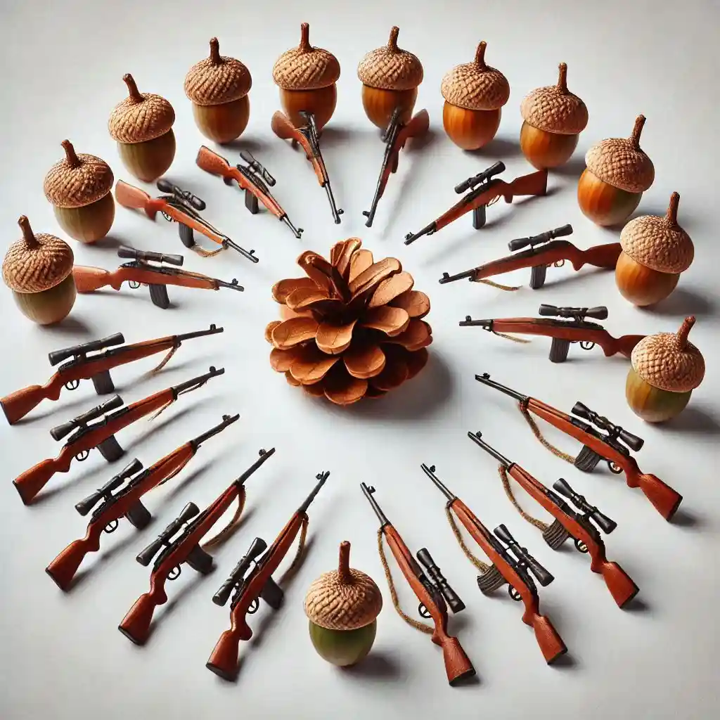 A circular arrangement of miniature toy rifles surrounds a central pine cone, with acorns placed at intervals between the…