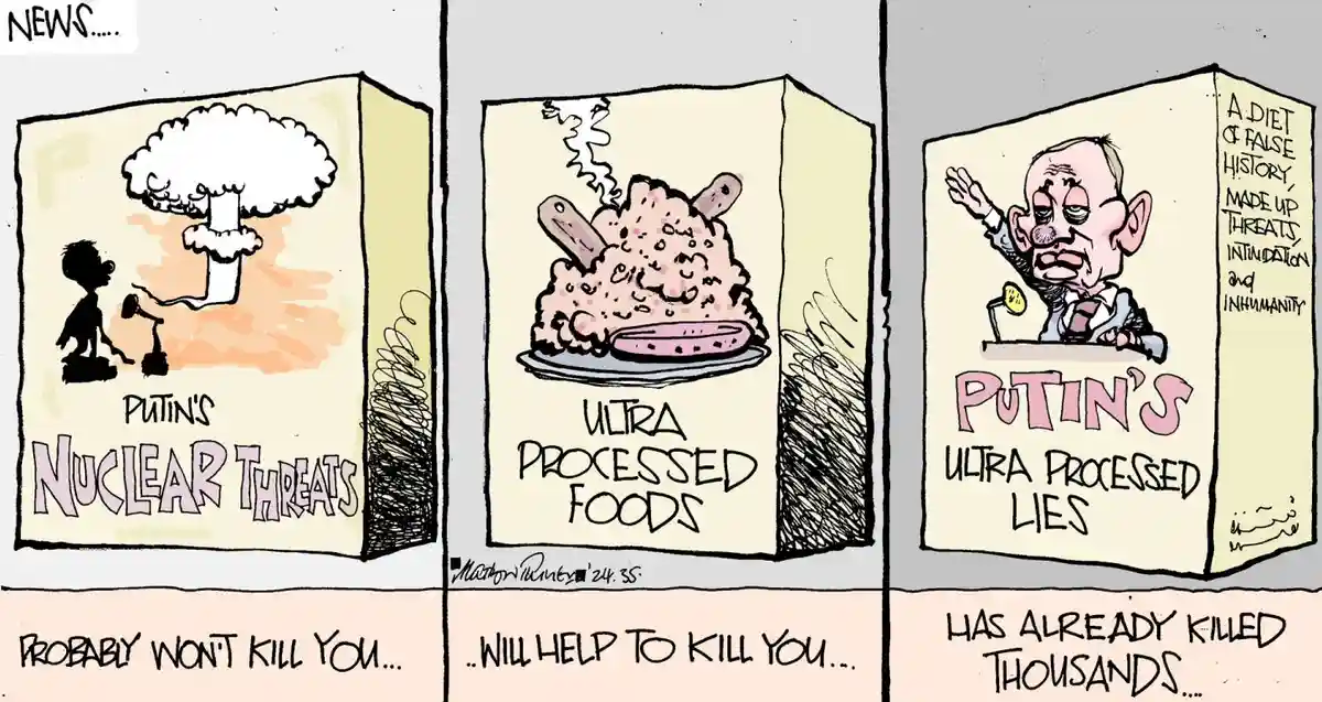 A three-panel cartoon depicts Vladimir Putin as a product label. The first panel shows a mushroom cloud labeled 'PUTIN'S…
