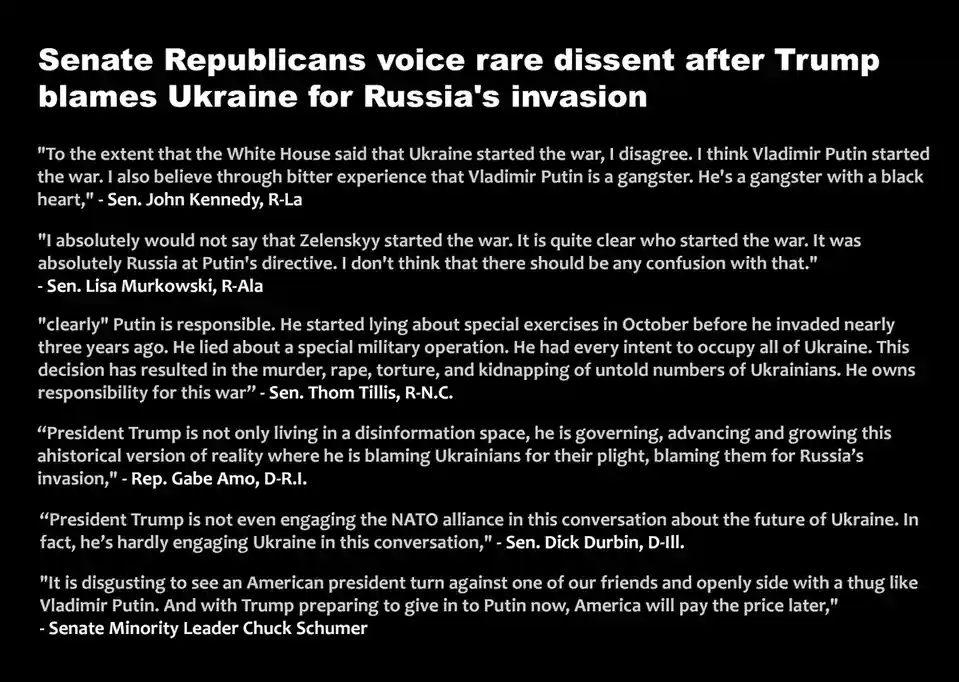 A black background displays white text listing quotes from several U.S. Senators and a Representative criticizing President…