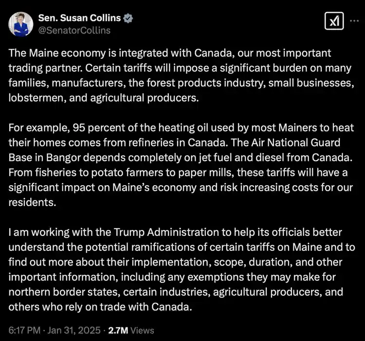 A screenshot of a tweet from Senator Susan Collins detailing how Maine's economy relies heavily on imports from Canada…