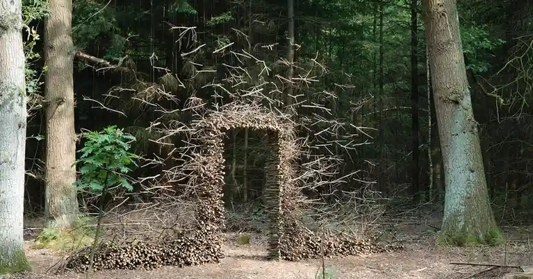 A rustic, stick-built structure resembling a house stands in a forest, constructed from stacked logs and twigs with an open…