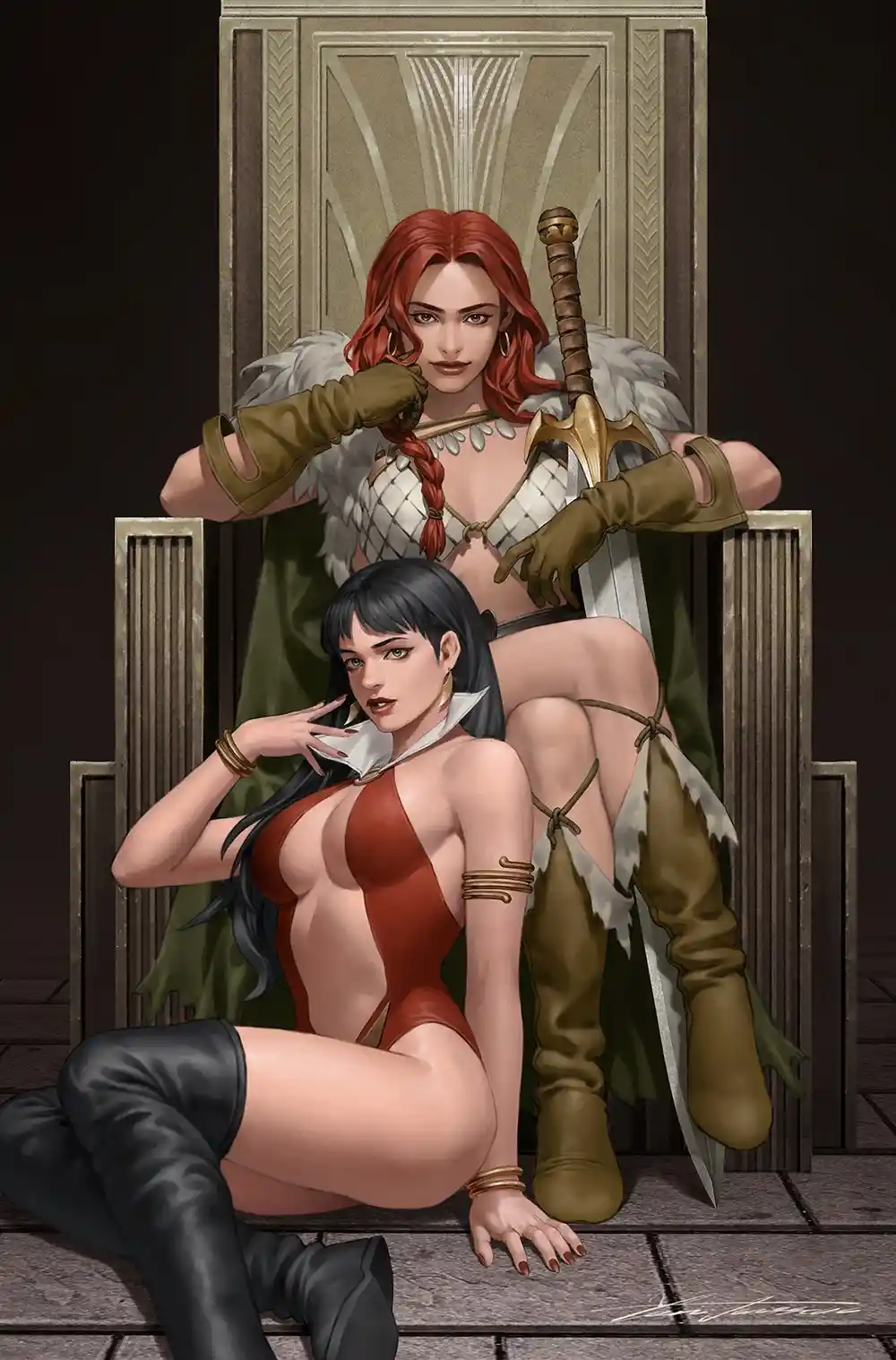 A digital illustration shows two women in a fantasy setting. One woman with red hair sits on a throne wearing armor and…