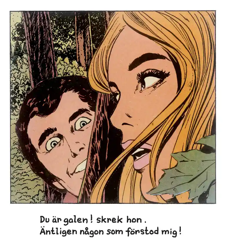 A vintage comic panel shows a blonde woman with a smug expression looking down at a man with wide, shocked eyes peeking from…