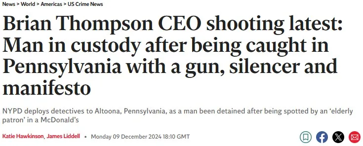 A screenshot of a news article headline reads 'Brian Thompson CEO shooting latest: Man in custody after being caught in…