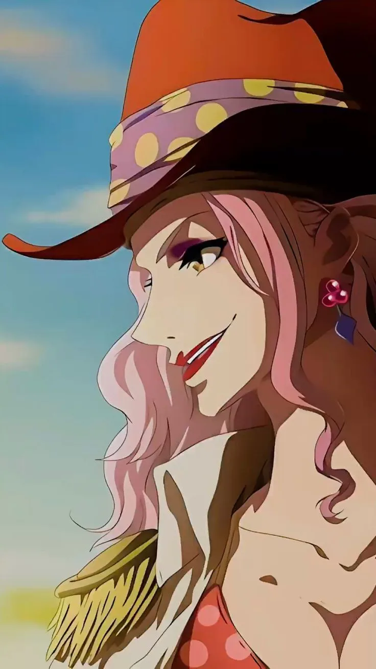 An anime-style woman with pink hair and a wide, unsettling grin wears a large orange hat with a polka-dotted band. She has…