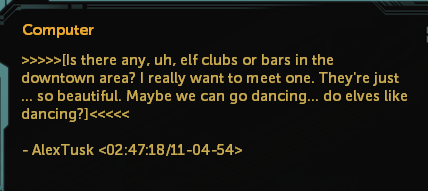 A dark-themed chat log screenshot shows a computer interface with a message from 'AlexTusk' asking if there are elf clubs or…