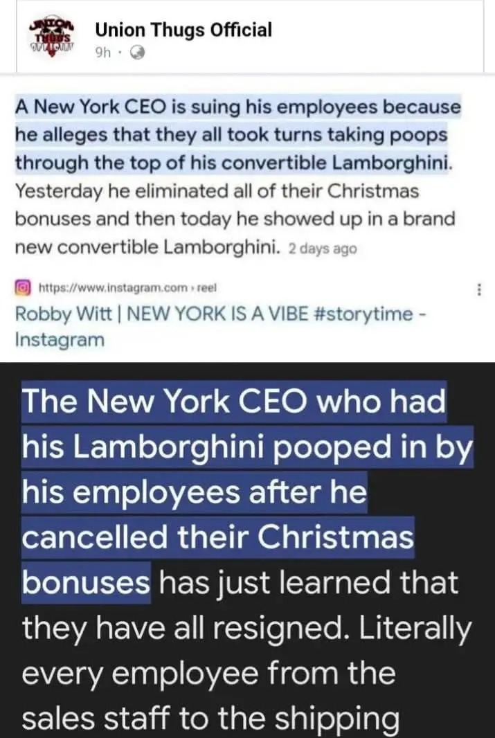 A screenshot of a Facebook post from 'Union Thugs Official' shows a story about a New York CEO suing employees for allegedly…