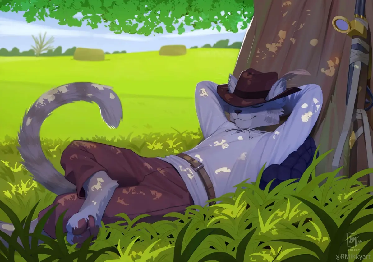 A cartoon cat with grey and white fur, wearing a brown hat, light blue shirt, and brown pants, is lying back in tall green…