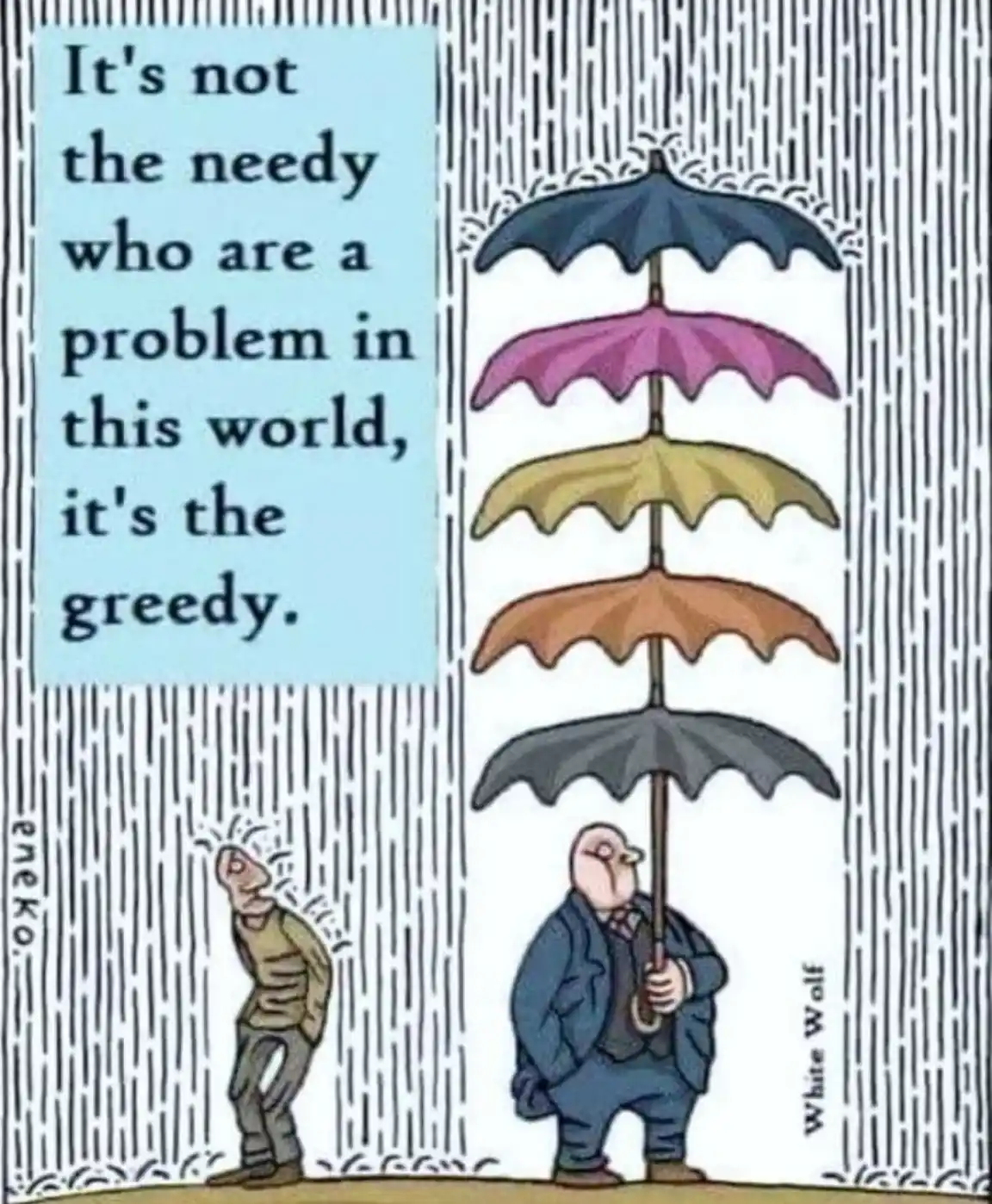 A cartoon depicts a man in a suit holding a single umbrella with five colorful canopies stacked vertically, shielding him…