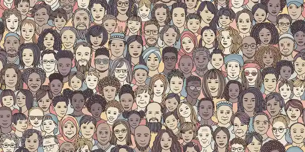 An illustration of a dense crowd of diverse people with varied skin tones, hairstyles, and ages, overlaid with the text 'i'm…