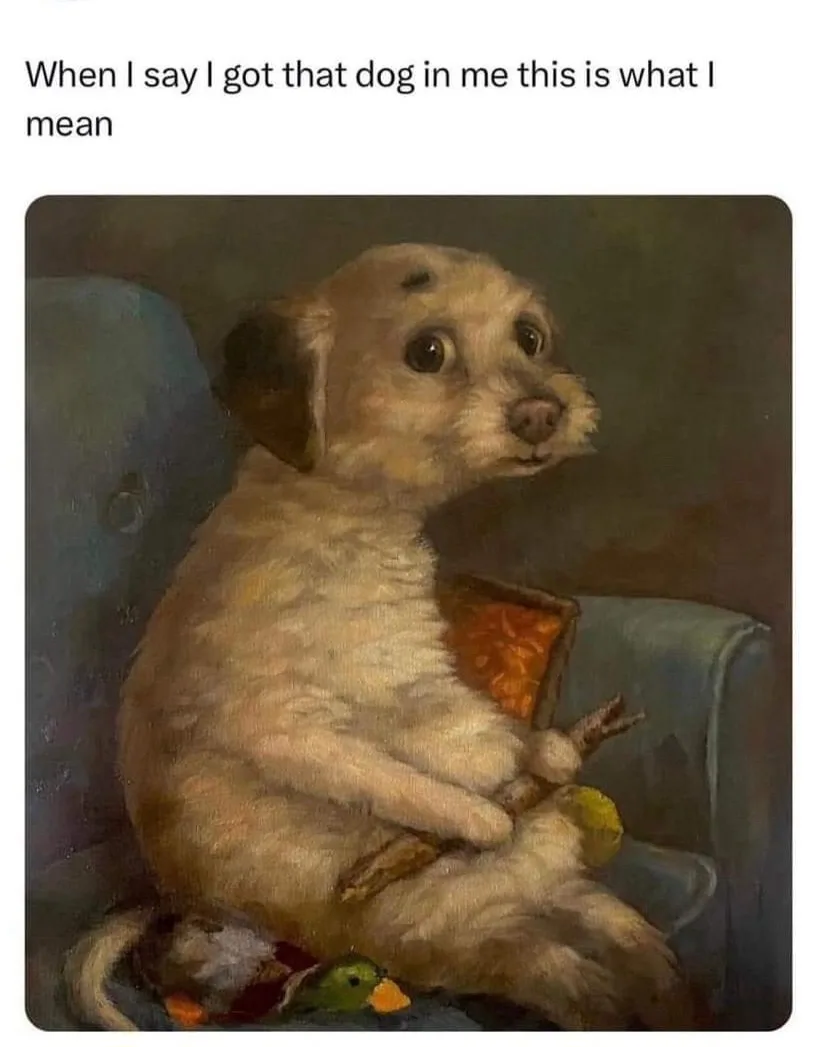 A painting-style image shows a light-colored dog sitting upright on a blue armchair, holding a book with an orange cover…
