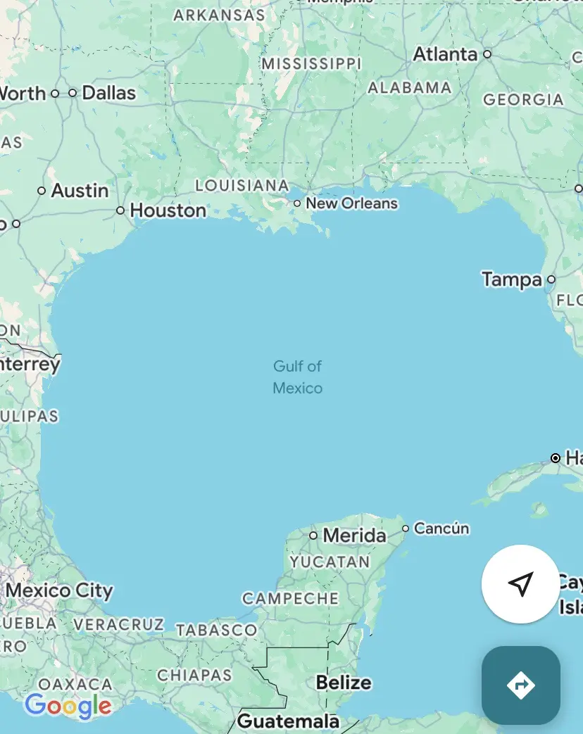 A Google Maps screenshot showing the Gulf of Mexico surrounded by U.S. states like Texas, Louisiana, and Florida, and…