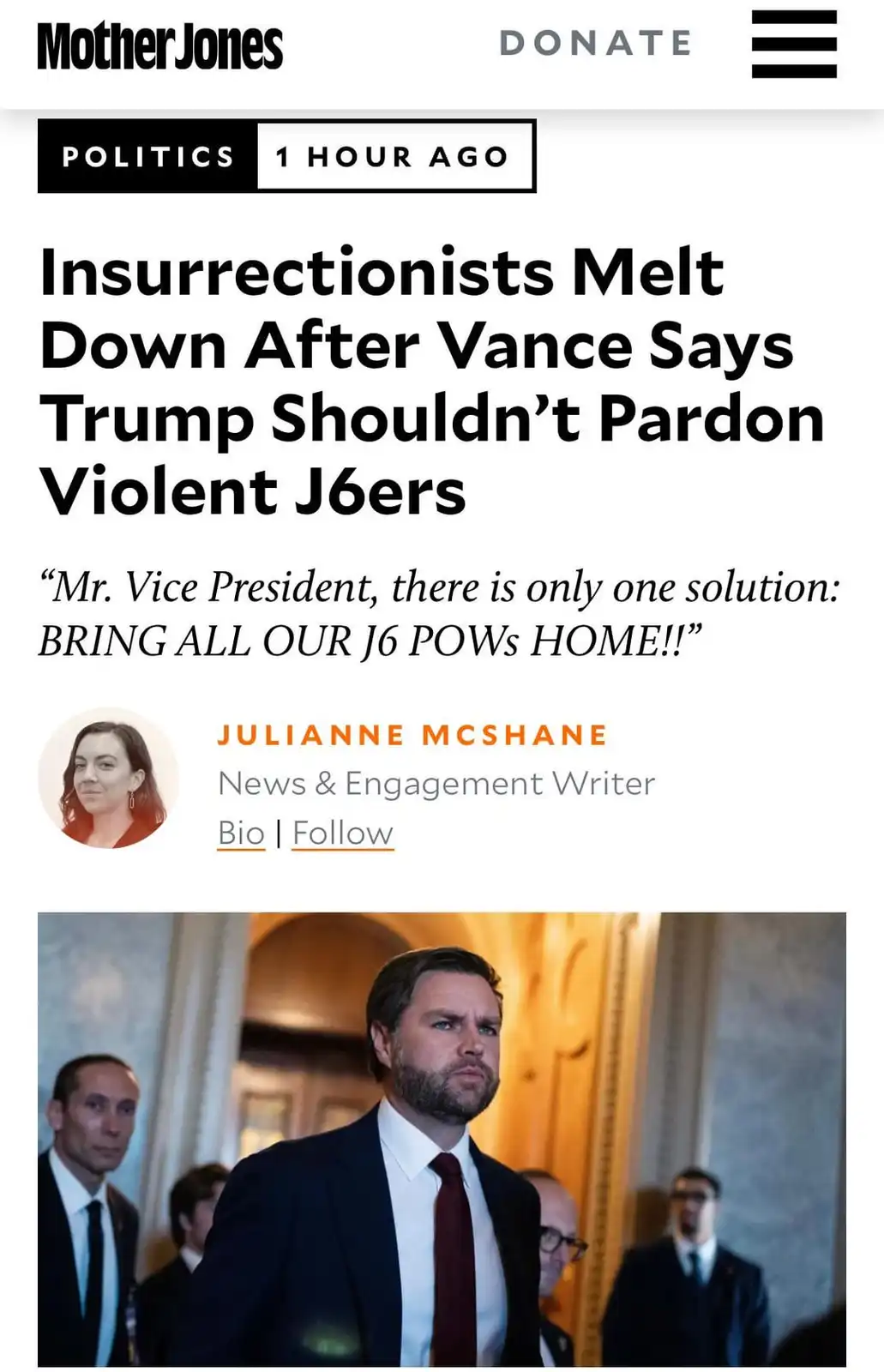 A screenshot of a Mother Jones news article with the headline 'Insurrectionists Melt Down After Vance Says Trump Shouldn't…