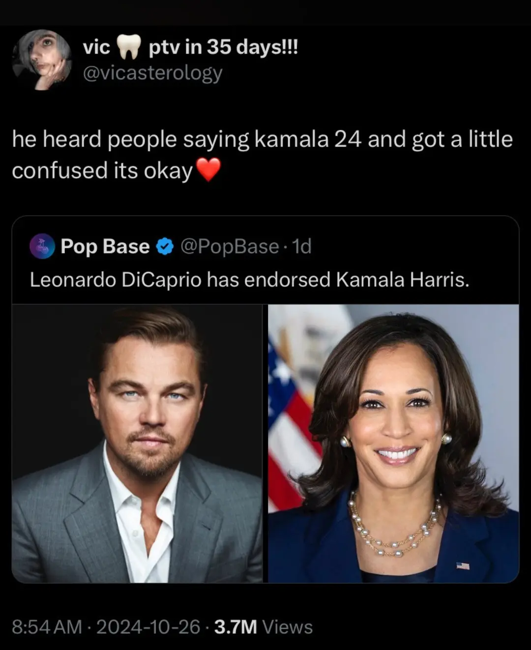 The image shows a side-by-side photo of Leonardo DiCaprio and Kamala Harris. Above them is a tweet from 'Pop Base' stating…