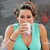 A woman in a teal tank top is shown in six sequential frames drinking from a white mug. She starts by lifting the mug to her…