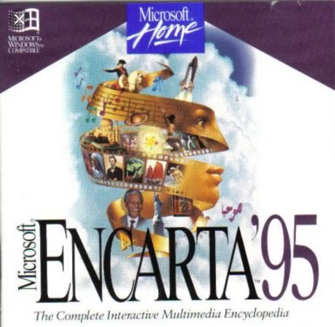 The image shows the cover art for Microsoft Encarta '95, featuring a stylized golden face composed of various multimedia…