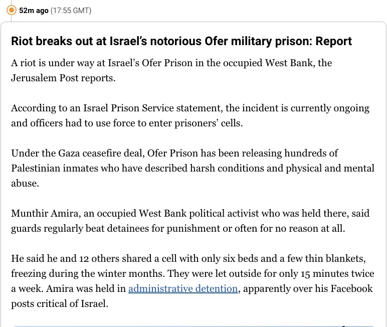 The image displays a screenshot of a news article from the Jerusalem Post, reporting on a riot at Israel's Ofer military…