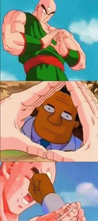 A three-panel anime meme featuring a bald, muscular man in green robes (Tien Shinhan) in a fighting stance, then a man in a…