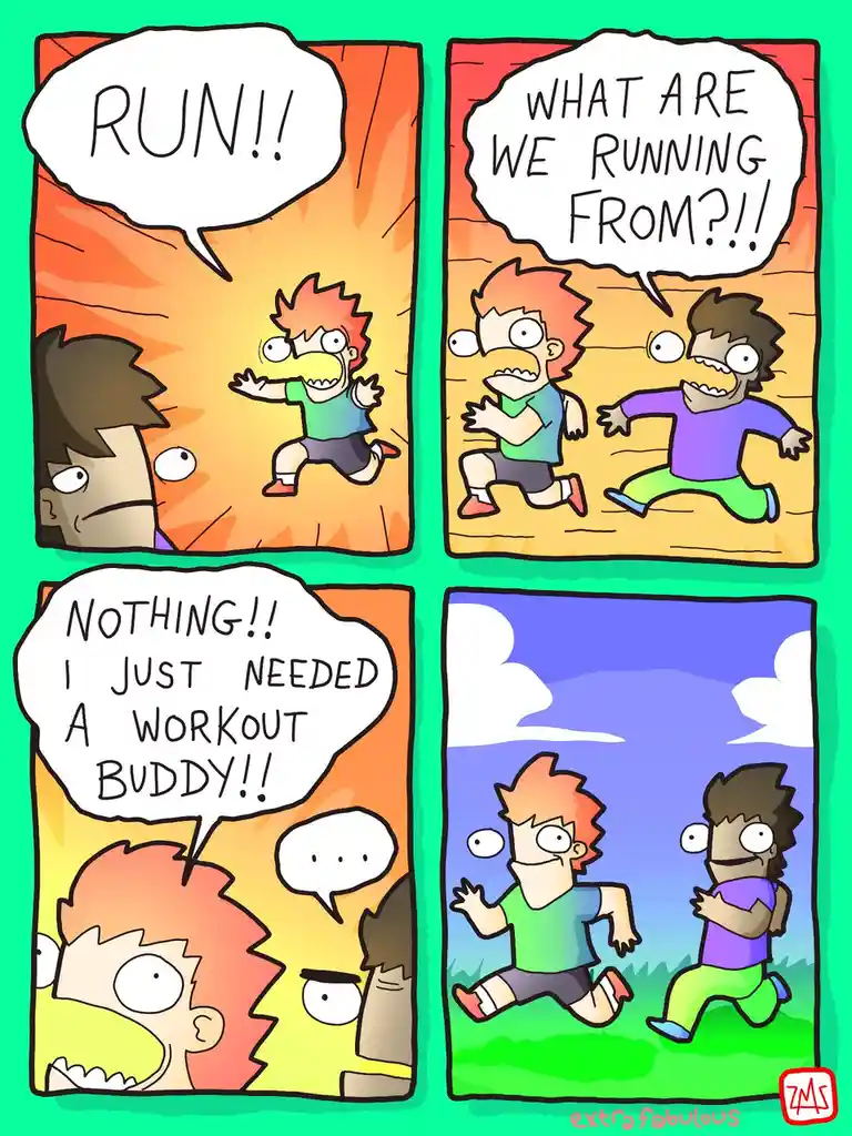 A four-panel comic shows two cartoon boys running in panic. The first panel shows one boy yelling 'RUN!!' while the other…