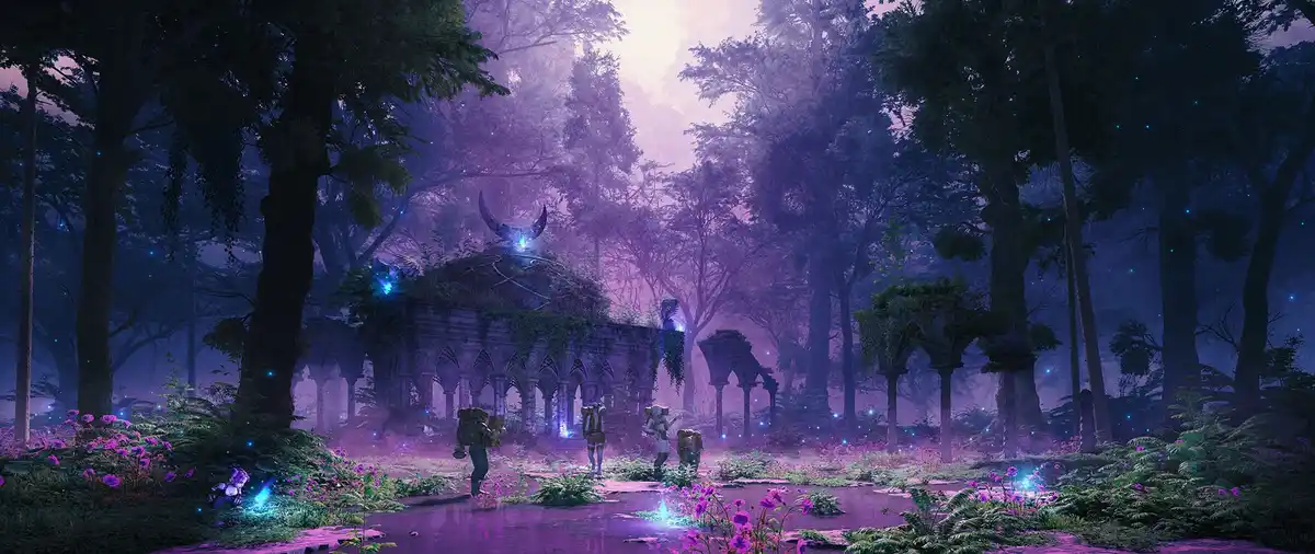 A fantasy scene depicts four adventurers walking through a mystical, purple-hued forest toward ancient ruins glowing with…
