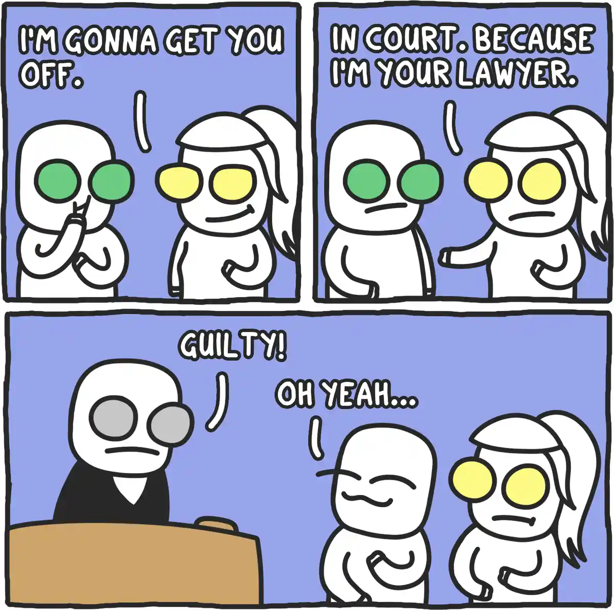 A three-panel comic shows two cartoon characters, one with green eyes and one with yellow eyes. In the first panel, the…
