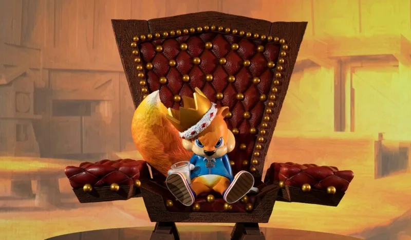 a cartoon squirrel wearing a crown and blue jacket sits slumped in a large, ornate red throne chair, feet up, holding a can…