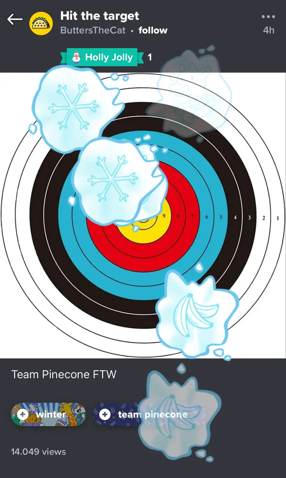 An archery target with concentric rings and scoring zones from 1 to 9, overlaid with cartoon snowflakes and a banana peel…